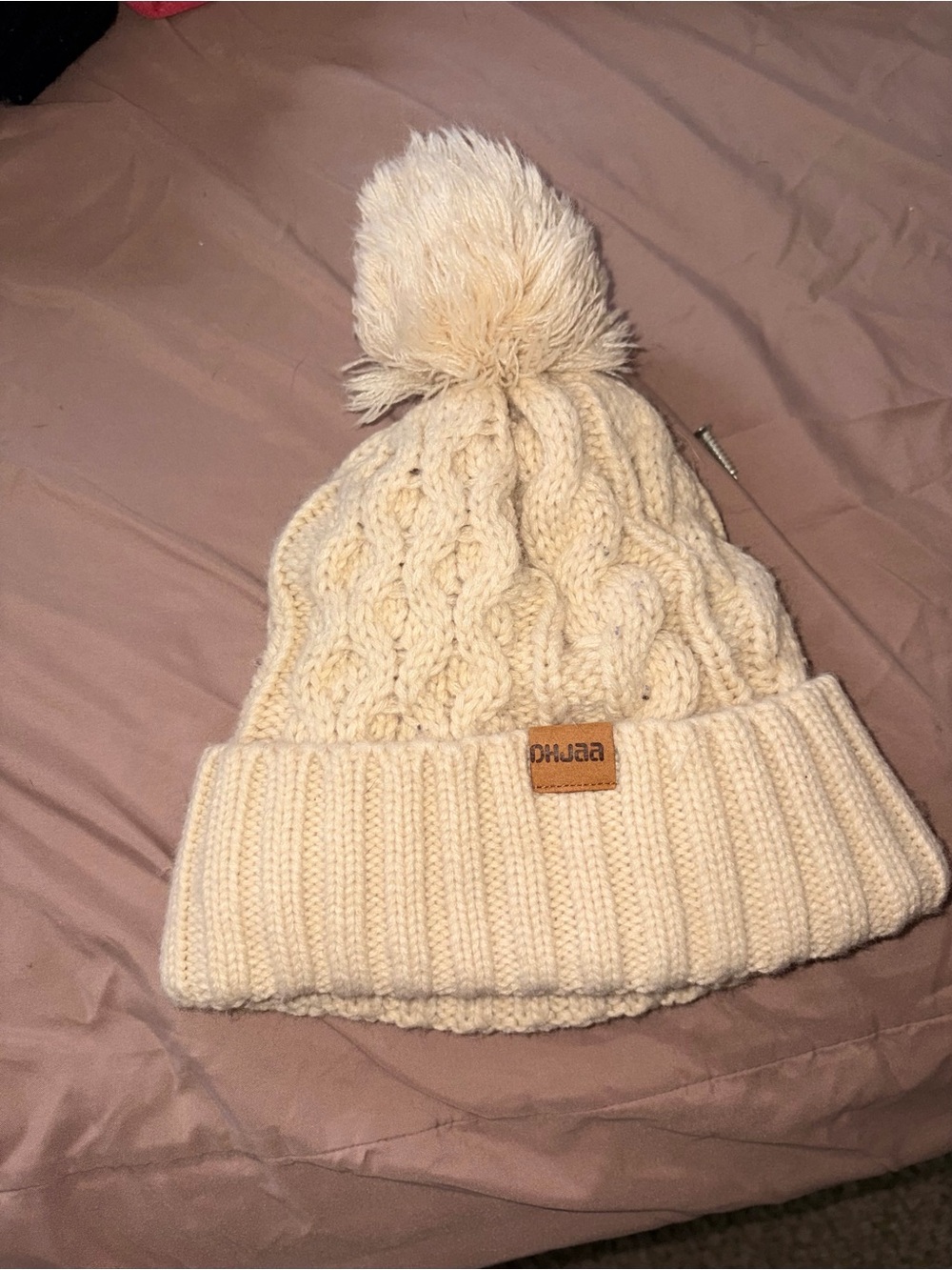 Cable Knit Pom Beanie - Cream (Unknown Brand)